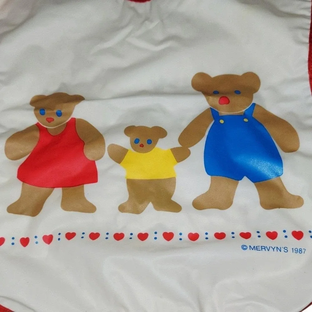 Vintage 1987 Mervyn's Teddy Bear Baby Feeding Set Plate Bowl Cup Bib Spoon